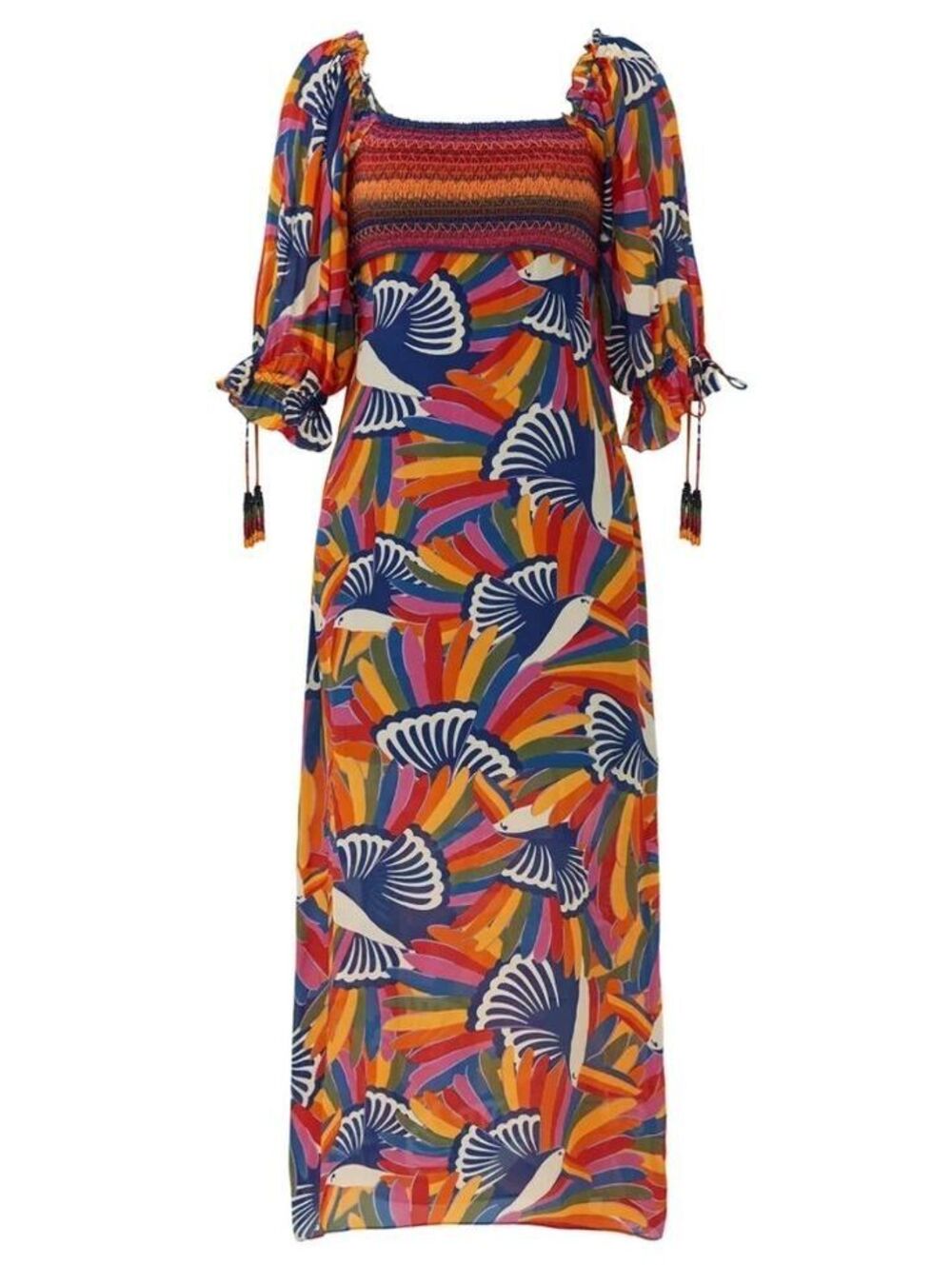 Farm Rio Rainbow Toucan Smocked Maxi Dress Puff Sleeve Colorful Boho